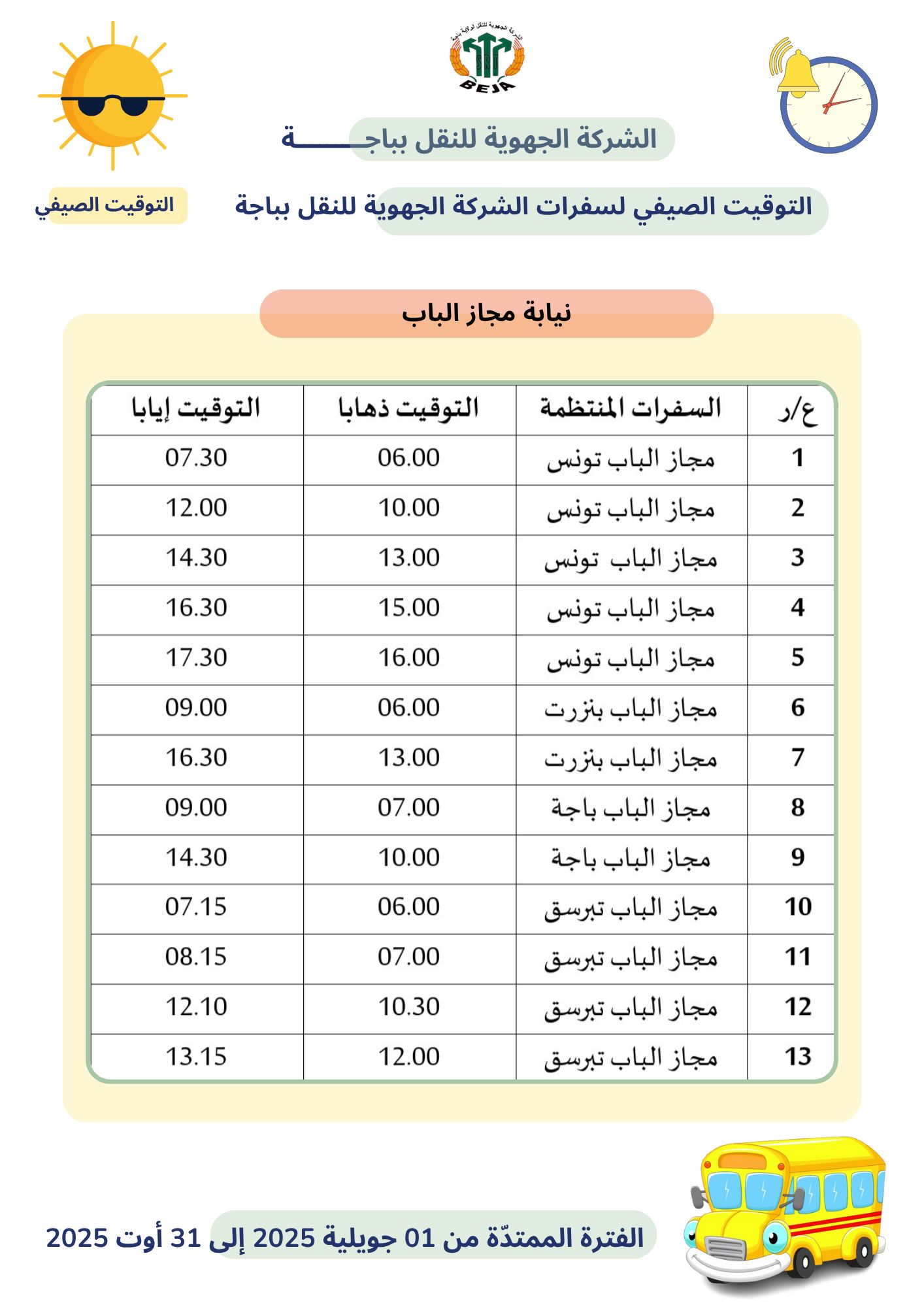 Horaires d'Été des Voyages de la Société Régionale de Transport de Béja Pour la Période du 1er Juillet au 31 Août 2025